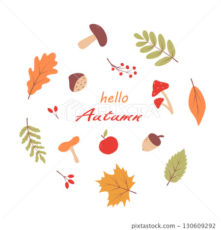 Autumn leaves of trees, vector illustration of autumn elements. Autumn background, the inscription Hello Autumn. Flat style. 130609292