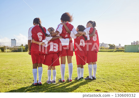 Diversity, sports girl and soccer field training for youth competition match playing at stadium grass. Young athlete, standing or player enjoy football teamwork or support world cup championship game 130609332