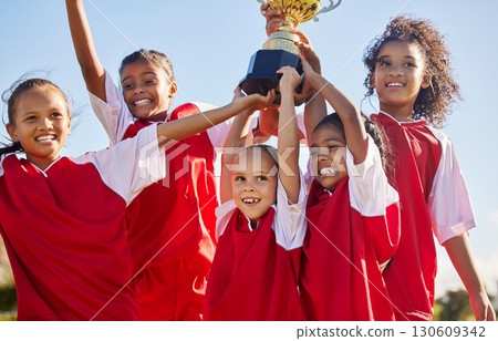 Soccer, team and trophy with kids in celebration together as a girl winner group for a sports competition. Football, teamwork and award with sport player children celebrating success outdoor Soccer, team and trophy with kids in celebration together as a girl winner group for a sports competition. Football, teamwork and award with sport player children celebrating success outdoor 130609342