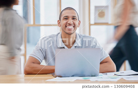 Planning, busy office and person on laptop, email management and portrait for career mission in startup. Happy worker, black man or employee smile, working on computer and documents in fast workplace Planning, busy office and person on laptop, email management and portrait for career mission in startup. Happy worker, black man or employee smile, working on computer and documents in fast workplace 130609408