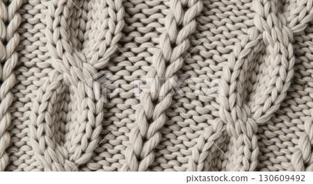 Cozy beige knit pattern texture: warmth and elegance in close-up detail Cozy beige knit pattern texture: warmth and elegance in close-up detail 130609492