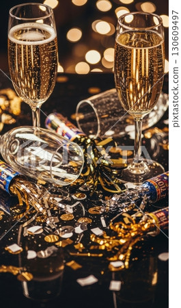 Celebratory new year toast with champagne and festive decorations in a sparkling atmosphere 130609497
