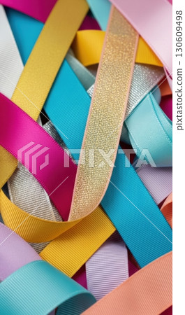 Colorful assorted ribbons with textures in vivid pastel tones for crafting and decoration 130609498