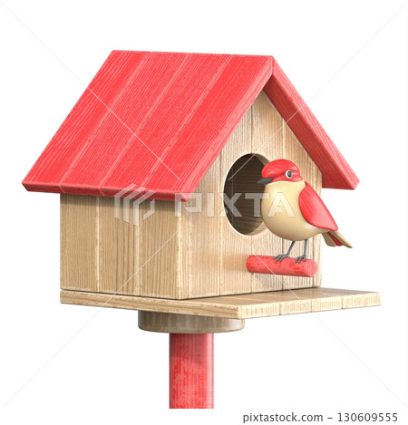 Wooden birdhouse with cartoon style bird 3D 130609555