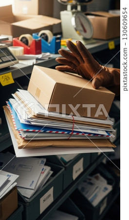 Worker sorting packages and mail in warehouse with protective gloves 130609654