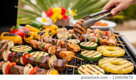 Grilling skewers and vegetables outdoors with fresh tropical fruits: summer bbq feast 130609678