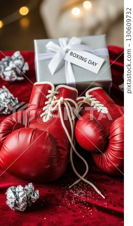 Festive boxing day theme with red gloves and gift on red velvet 130609732