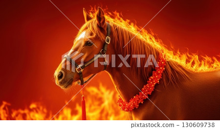 Majestic horse with fiery mane and floral garland on red background 130609738
