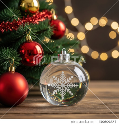 Festive christmas tree with red and glass ornaments in cozy holiday setting 130609821