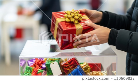 Person collecting red gift box with gold bow from donation bin at holiday event 130609822