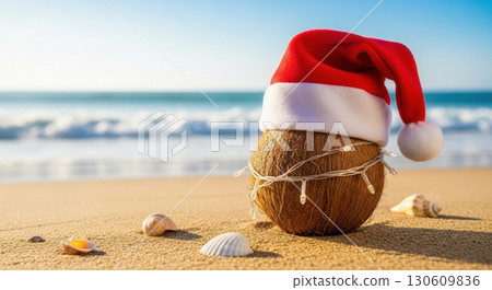 Festive coconut on sandy beach with santa hat and seashells by the ocean 130609836