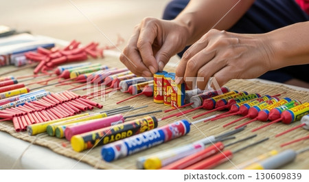 Hands arranging colorful fireworks display for celebration preparation outdoors 130609839