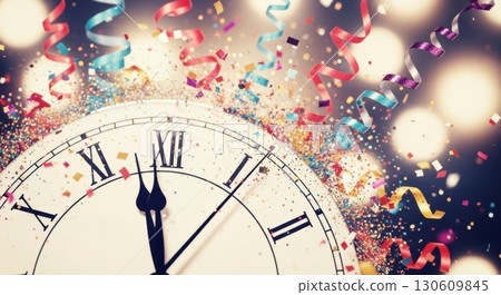 Festive new year celebration with clock, confetti, and party streamers 130609845