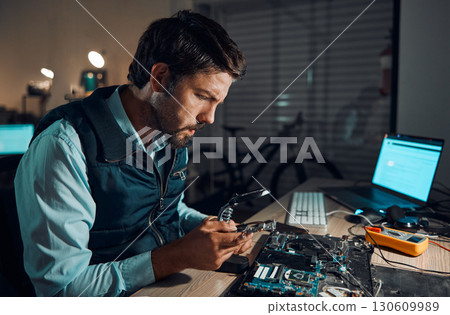 Man, motherboard and magnifying glass at repair workshop in night for maintenance, computer tech or industry with focus. Technician, circuit and it job in dark with electronics, engineering and tools Man, motherboard and magnifying glass at repair workshop in night for maintenance, computer tech or industry with focus. Technician, circuit and it job in dark with electronics, engineering and tools 130609989