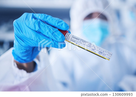 Hands, test tube and doctor in laboratory with liquid for research, medical exam and sample analysis. Healthcare, biotechnology and nurse scientist thinking with liquid vial, medicine and vaccine 130609993