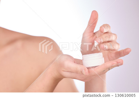 Cream, jar and woman skincare for hands, cosmetics and dermatology makeup on studio background. Closeup, beauty lotion and model with container for healthy glow, shine and aesthetic wellness product Cream, jar and woman skincare for hands, cosmetics and dermatology makeup on studio background. Closeup, beauty lotion and model with container for healthy glow, shine and aesthetic wellness product 130610005