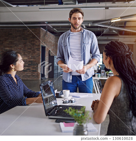 Creative employees at startup, meeting and document with man team leader and women at desk for web design. SEO, digital marketing and strategy, collaboration and project ideas, discussion with laptop Creative employees at startup, meeting and document with man team leader and women at desk for web design. SEO, digital marketing and strategy, collaboration and project ideas, discussion with laptop 130610028