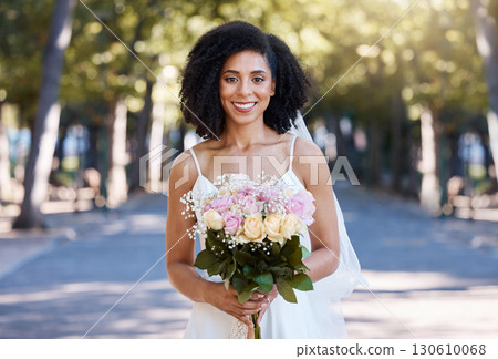 Black woman, wedding and bride portrait with bouquet of roses happy about love celebration. Street, happiness and flowers of a young person smile at marriage commitment event smiling outdoor Black woman, wedding and bride portrait with bouquet of roses happy about love celebration. Street, happiness and flowers of a young person smile at marriage commitment event smiling outdoor 130610068