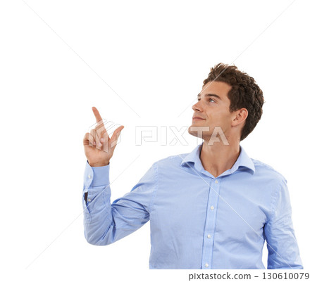 Space, smile and business man pointing up at mockup product placement for marketing or advertising. Gesture, male and model presenting info for new deal isolated in studio on white background. Space, smile and business man pointing up at mockup product placement for marketing or advertising. Gesture, male and model presenting info for new deal isolated in studio on white background. 130610079