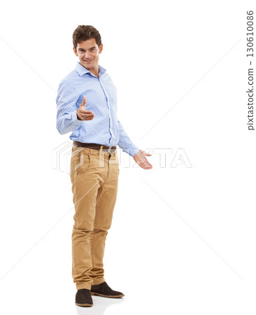 Confident, handsome and portrait of a man with a handshake isolated on a white background. Thank you, welcome and businessman extending his hand for agreement, hello and meeting on a backdrop Confident, handsome and portrait of a man with a handshake isolated on a white background. Thank you, welcome and businessman extending his hand for agreement, hello and meeting on a backdrop 130610086