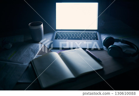 Laptop, mock up and study on table in dark student dormitory, room and technology. Background of computer space, blank screen and notebook on desk at night for education, learning or internet website 130610088