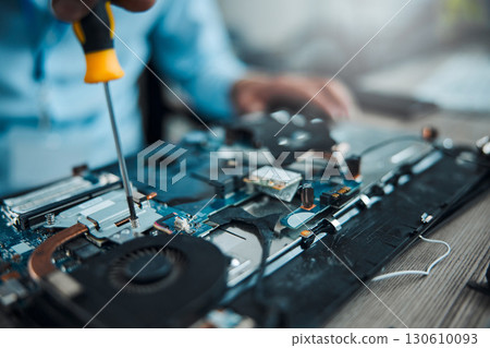 Screwdriver, motherboard circuit or Information technology man fixing laptop hardware, electronics or semiconductor. CPU system maintenance, service industry or IT worker repair microchip in tech lab Screwdriver, motherboard circuit or Information technology man fixing laptop hardware, electronics or semiconductor. CPU system maintenance, service industry or IT worker repair microchip in tech lab 130610093
