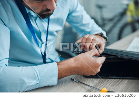 Computer repair, programming and startup man technician working on cpu, circuit and microchip. IT maintenance, technology hardware and electrician engineer fix code, motherboard and processor 130610206