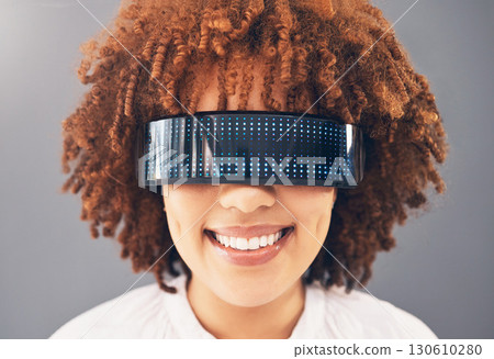 Futuristic glasses, face and black woman isolated on gray background metaverse, cyberpunk and virtual reality. VR vision technology, future ai and digital high tech of gen z model or person headshot Futuristic glasses, face and black woman isolated on gray background metaverse, cyberpunk and virtual reality. VR vision technology, future ai and digital high tech of gen z model or person headshot 130610280