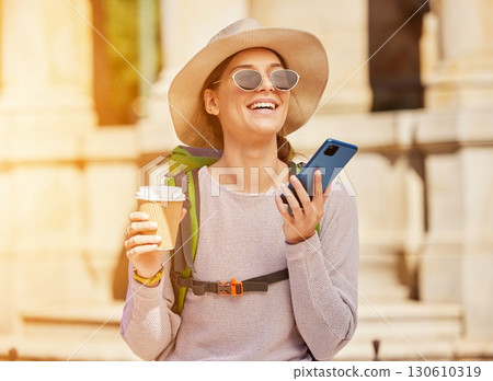 Happy woman, backpack and phone call in travel, sightseeing or city adventure and voice message, recording or coffee. Smile, tourist and talking on mobile communication technology or social media app 130610319