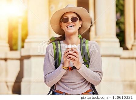 Woman portrait, backpack or coffee cup in travel, sightseeing or city adventure and takeaway drink, tea or beverage. Smile, happy or tourist student with mug, urban fashion hat or summer sunglasses 130610321