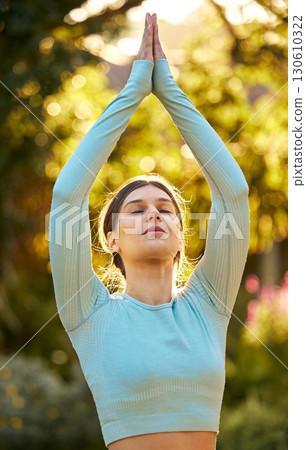 Yoga meditation peace, zen and woman meditate for spiritual mental health, chakra energy balance or soul aura healing. Nature park, freedom or pilates girl relax for mindfulness, mindset and wellness 130610322