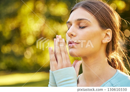Yoga meditation, zen and face of woman meditate for spiritual mental health, chakra energy balance or soul aura healing. Nature mockup, freedom or pilates girl relax for mindfulness, mindset or peace 130610330