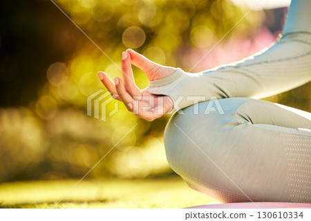 Yoga meditation, peace and hands of woman meditate for spiritual mental health, chakra energy balance or soul aura healing. Nature yogi, freedom or pilates girl relax for mindfulness, mindset and zen 130610334