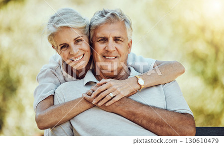 Old couple hug in park, love and marriage portrait, retirement together with commitment and outdoor. Mature man, elderly woman and care with trust and support, nature and happiness in relationship 130610479
