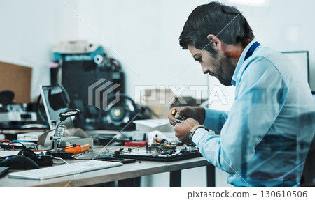 Information technology, motherboard hardware circuit and man repair computer, electronics or semiconductor. CPU system maintenance, service industry profile and IT worker fixing microchip in tech lab Information technology, motherboard hardware circuit and man repair computer, electronics or semiconductor. CPU system maintenance, service industry profile and IT worker fixing microchip in tech lab 130610506