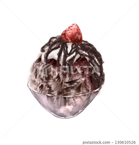 Chocolate sauce and strawberry shaved ice in a glass bowl 130610526