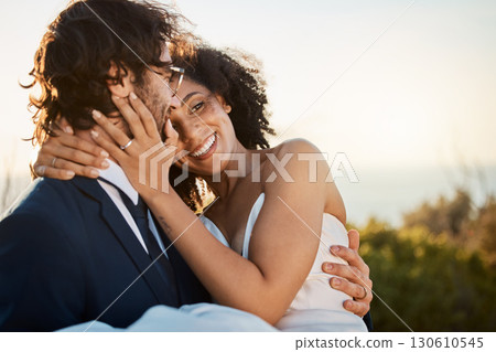 Wedding, marriage and love in nature of a interracial couple happy about trust and commitment. Outdoor, sea and mock up with happiness and smile of bride and man in a suit at a partnership event Wedding, marriage and love in nature of a interracial couple happy about trust and commitment. Outdoor, sea and mock up with happiness and smile of bride and man in a suit at a partnership event 130610545