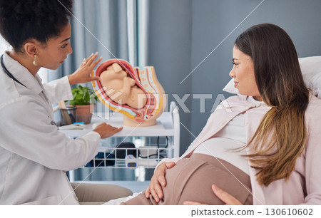 Pregnant, woman and doctor explanation with fetus in clinic for medical expertise and progress assessment. Baby, pregnancy and mom with black woman gynaecologist for update of growth development. 130610602