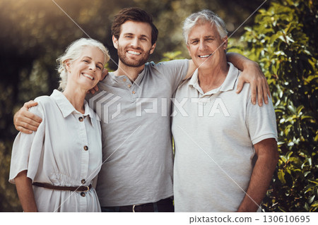 Happy family, portrait or bonding hug and senior parents, mother or father in nature park, home backyard or house garden. Smile, man or retirement elderly in embrace profile picture, love or support 130610695