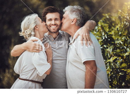 Happy family, portrait and bonding cheek kiss from senior parents, mother or father in nature park or home backyard. Smile, man and retirement elderly in hug, love or support embrace in house garden 130610727