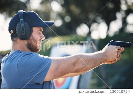 Man, gun training and target for outdoor challenge, goals and aim for police, army or security academy. Shooting expert, pistol or firearm for sport, safety and combat exercise in nature with vision 130610734