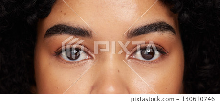 Eyes, eyebrow and beauty with face, microblading and black woman in closeup, makeup and lashes with vision. Dermatology, optometry and eye care with skincare, natural cosmetics and cosmetology 130610746