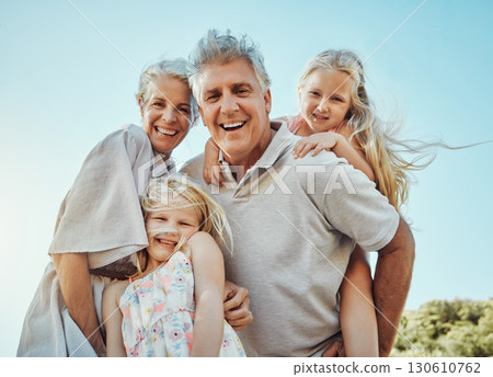Portrait, children or senior piggy back in nature park bonding, home garden or house backyard in trust or support. Smile, happy or laughing grandparents carrying kids in low angle fun or summer break Portrait, children or senior piggy back in nature park bonding, home garden or house backyard in trust or support. Smile, happy or laughing grandparents carrying kids in low angle fun or summer break 130610762