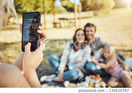 Hands, phone and family photo of photographer capturing moments together for summer vacation in a park. Hand of person taking a picture of happy mother, father and daughter in nature with smartphone Hands, phone and family photo of photographer capturing moments together for summer vacation in a park. Hand of person taking a picture of happy mother, father and daughter in nature with smartphone 130610767