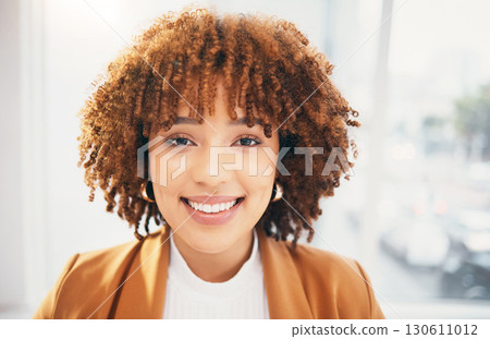 Office, smile and portrait of business black woman in office excited for working, startup career and job. Leadership, success and face of female worker with happy mindset, attitude and company pride 130611012