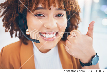 Black woman, portrait and thumbs up in call center for customer service, support or crm in office. Happy person consultant, receptionist or agent smile for telemarketing or contact us hand like emoji Black woman, portrait and thumbs up in call center for customer service, support or crm in office. Happy person consultant, receptionist or agent smile for telemarketing or contact us hand like emoji 130611017