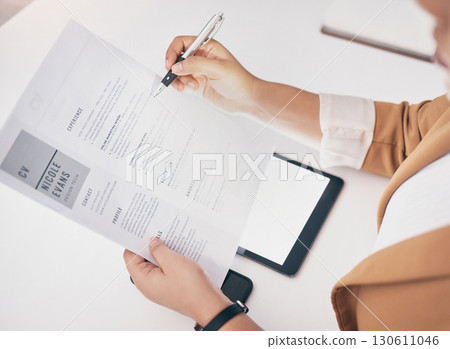 Hands, cv paper and check at office with black woman, hr expert or question at desk for recruitment. Human resources, documents or choice for hiring, opportunity or job for future employee at company Hands, cv paper and check at office with black woman, hr expert or question at desk for recruitment. Human resources, documents or choice for hiring, opportunity or job for future employee at company 130611046