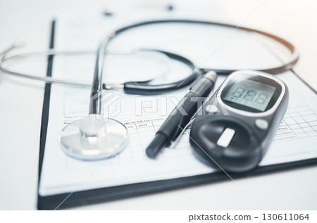 Stethoscope, medical and diabetes equipment with and clipboard for checklist, documents or healthcare. Medicine, research and information with paperwork for life insurance, analysis or consulting Stethoscope, medical and diabetes equipment with and clipboard for checklist, documents or healthcare. Medicine, research and information with paperwork for life insurance, analysis or consulting 130611064