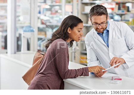 Customer, service and medicine prescription at pharmacy with help from healthcare expert at store counter. Professional advice and opinion of pharmacist helping girl with medication information. 130611071