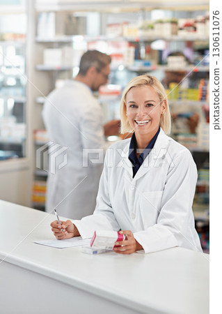 Portrait of pharmacist woman writing medicine notes, product or healthcare receipt signature in pharmacy trust. Inventory box, stock help desk and medical professional worker, sign prescription paper Portrait of pharmacist woman writing medicine notes, product or healthcare receipt signature in pharmacy trust. Inventory box, stock help desk and medical professional worker, sign prescription paper 130611076